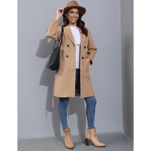 Elegant Womens Wool Pea Coat - Warm Notched Collar Double Breasted Outerwear - Picture 3 of 8